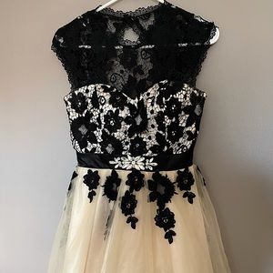 Masquerade vintage looking lace black dress with peach tulle size 3/4